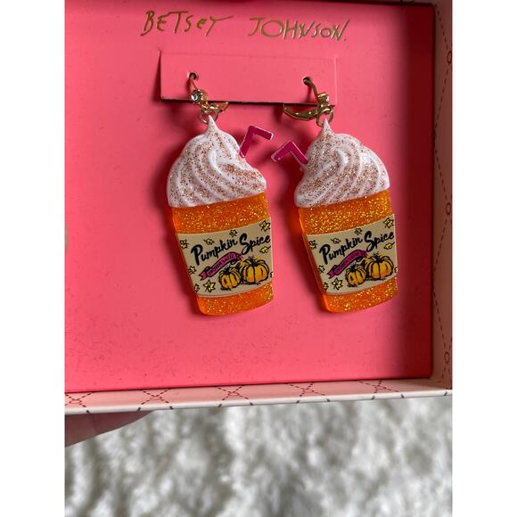 Betsey Johnson Orange White Pumpkin Spice Latte Drop Earrings NEW in Box - Picture 7 of 8